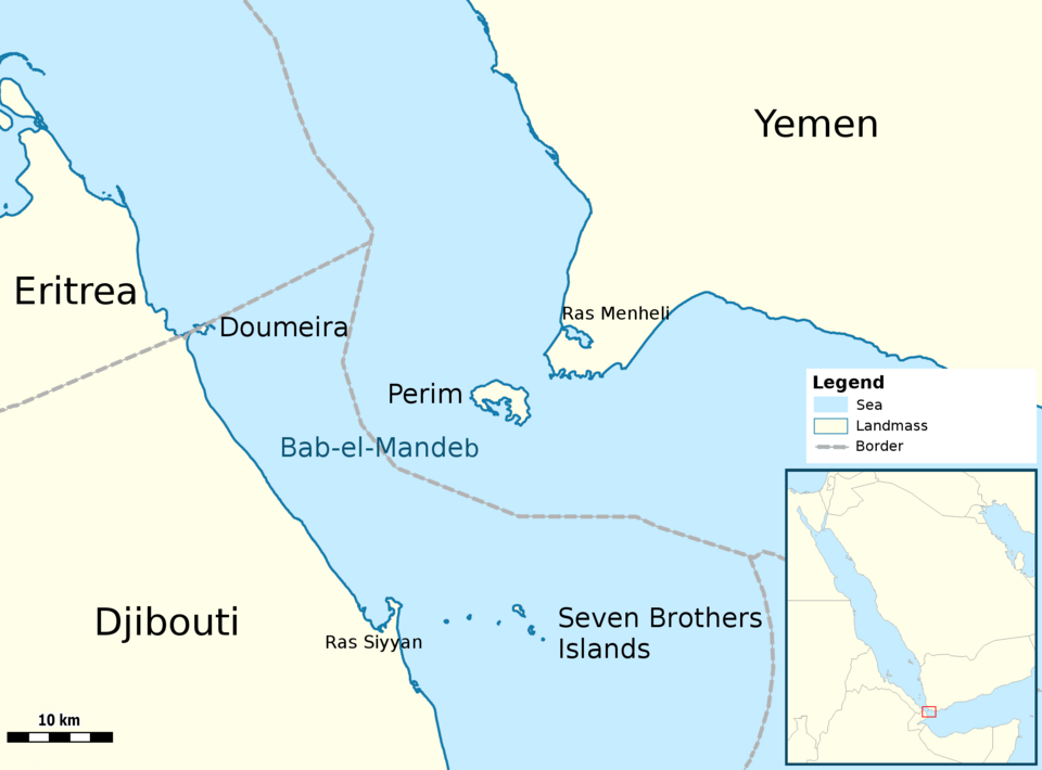 Map of the Bab el-Mandeb Strait, the Red Sea chokepoint seized by Houthi forces in September 2026