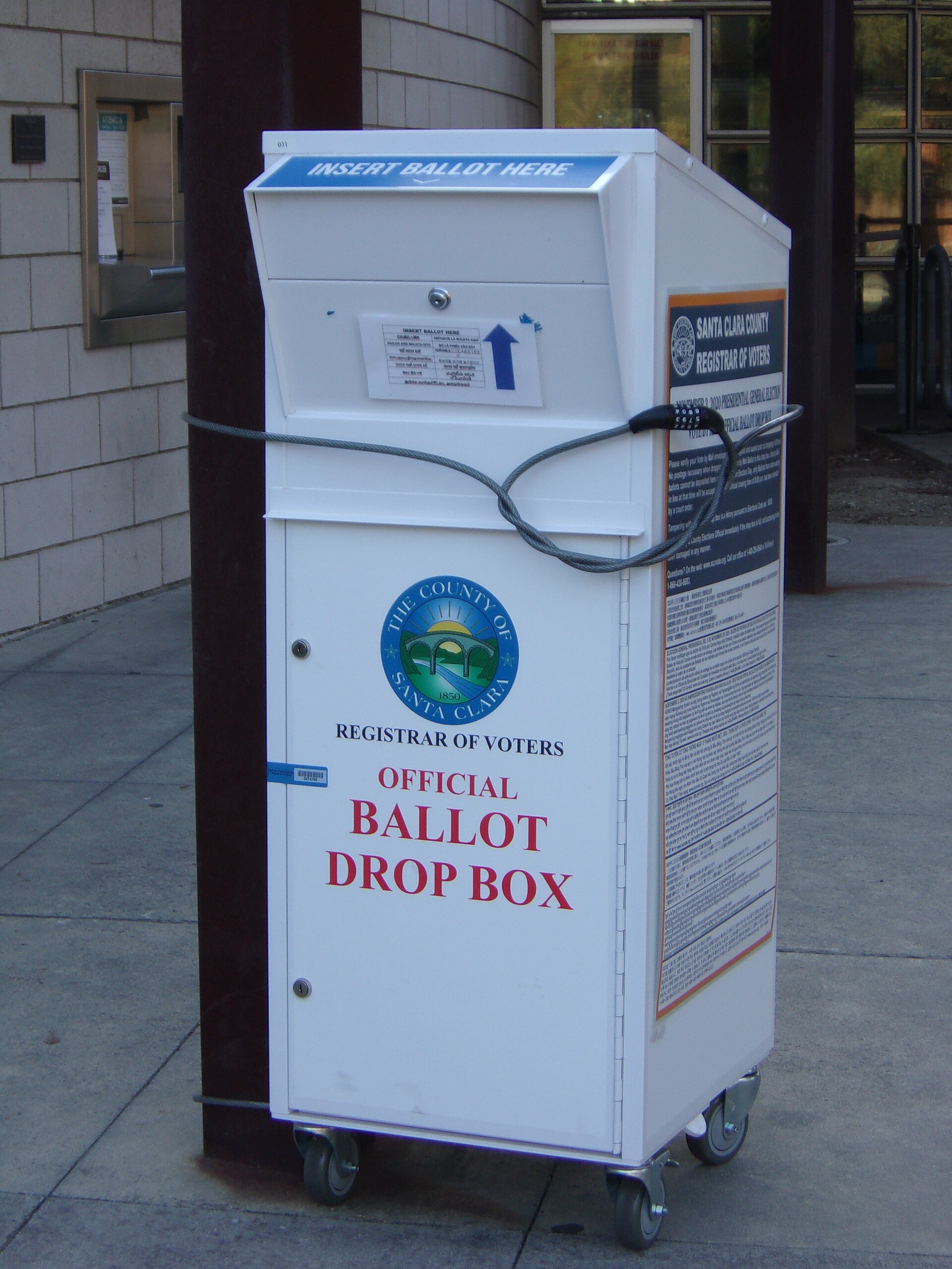 A Santa Clara County official ballot drop box in San Jose, California, one of the cities where defendants in the DOJ noncitizen voting charges live