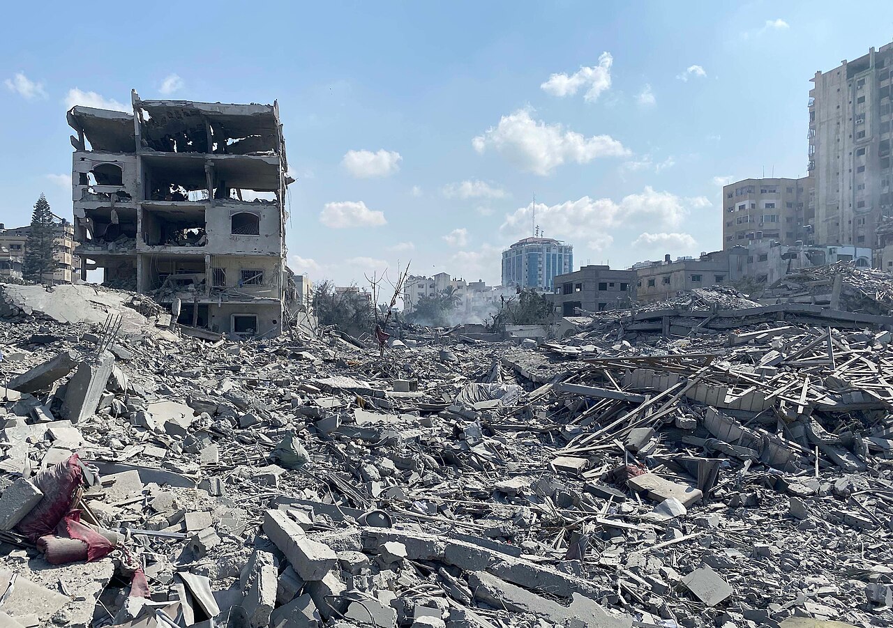 Damage to residential buildings in the Rimal neighborhood of Gaza City after an Israeli airstrike
