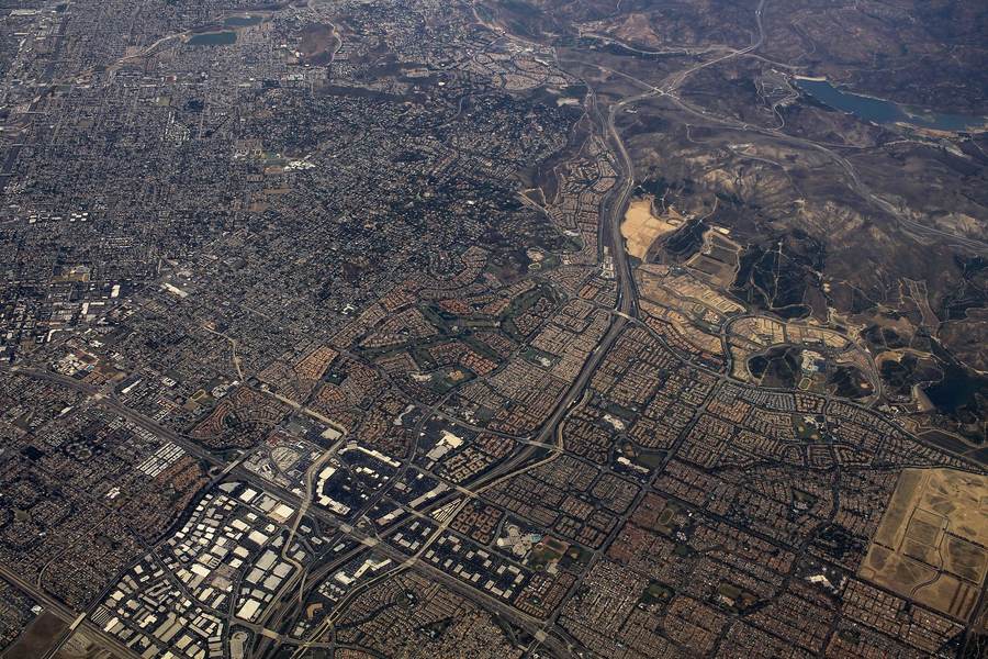 Aerial view of suburban homes in Irvine and Tustin, Orange County, California