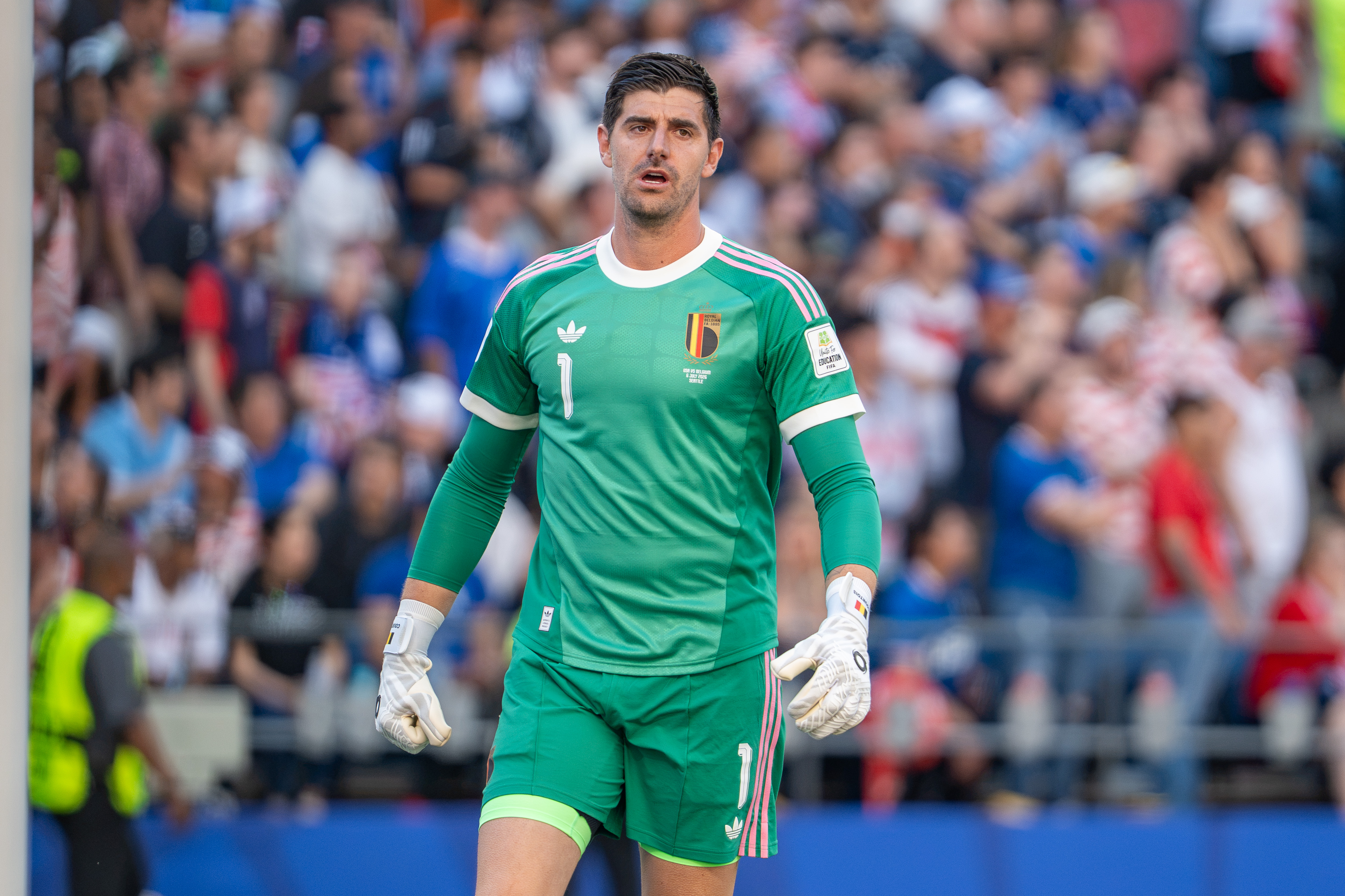 Thibaut Courtois, who misses El Clasico with flu, pictured playing for Belgium against the USA in July 2026