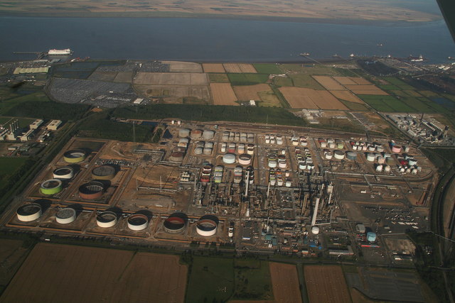 Aerial view of the North Killingholme oil refinery in England — Brent crude eased to $105.6 a barrel