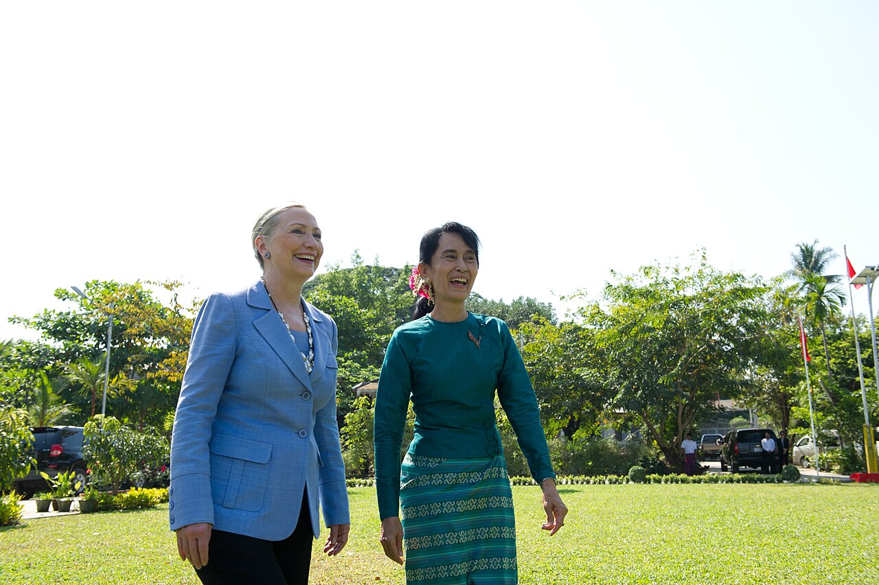 Aung San Suu Kyi with US Secretary of State Hillary Clinton in Yangon in 2011, during Myanmar's brief democratic opening
