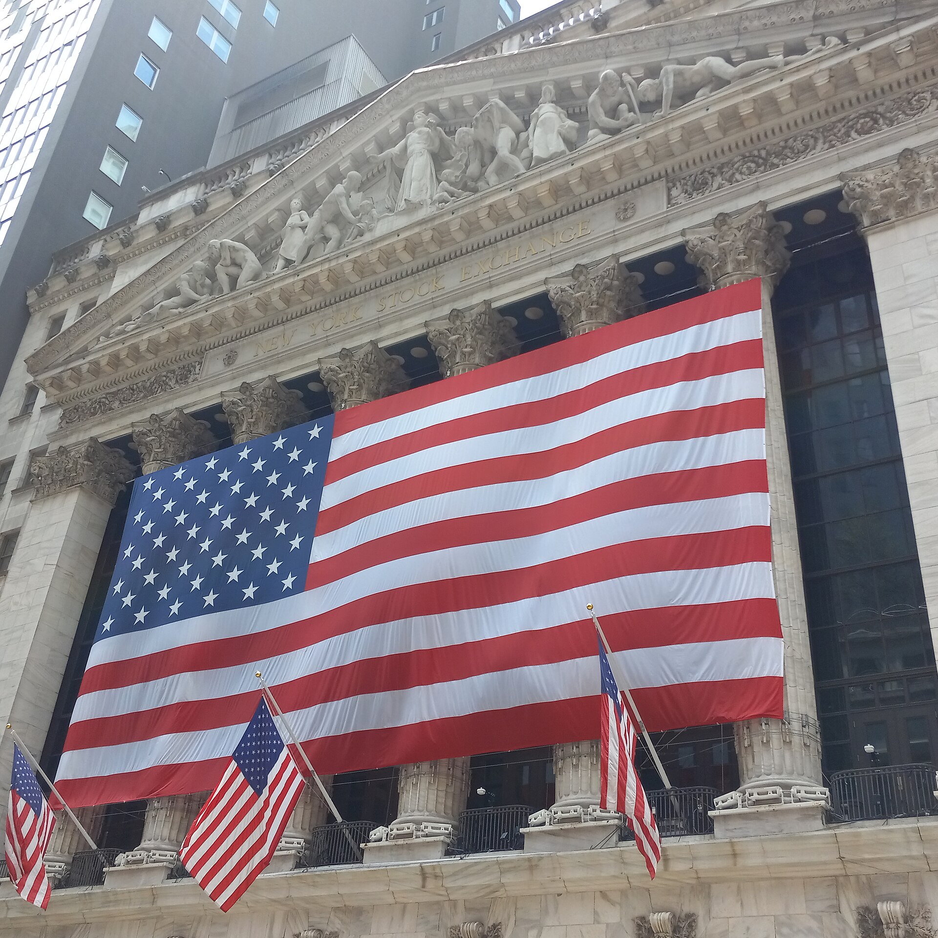 The New York Stock Exchange building in Manhattan — stock market today October 15 2026 as the Dow jumped 557 points