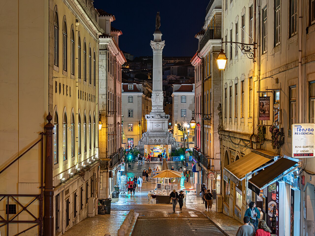 Rossio Square in Lisbon at night, where the Lisbon housing protest camp was cleared by police