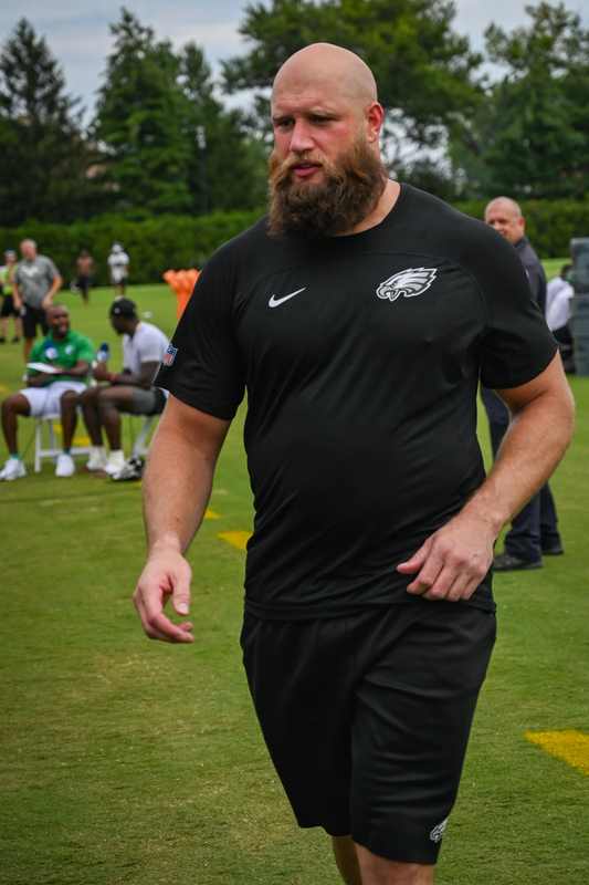 Lane Johnson at Philadelphia Eagles training camp before he retires in 2026