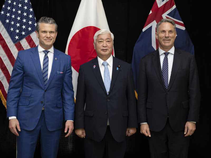 Pete Hegseth with Japan's Defense Minister Gen Nakatani and Australia's Deputy Prime Minister Richard Marles at the Shangri-La Dialogue in Singapore, May 31, 2025
