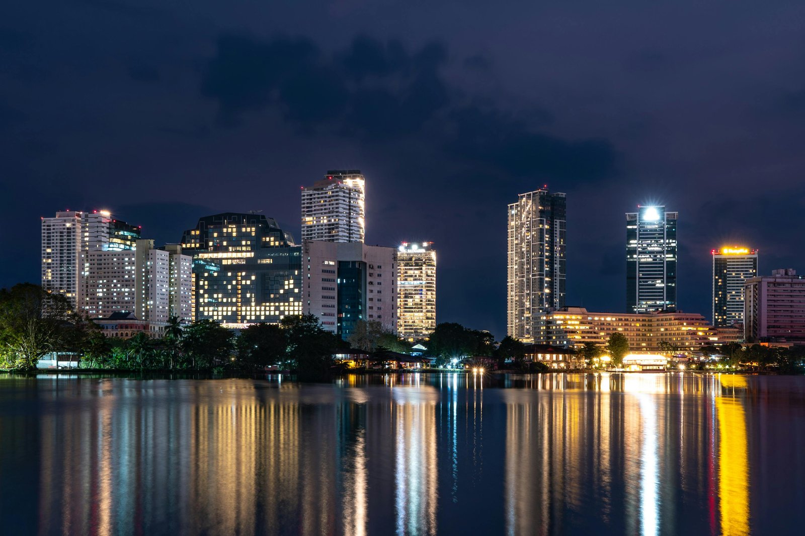Colombo skyline at night across Beira Lake — Sri Lanka nationwide blackout cut power to the capital