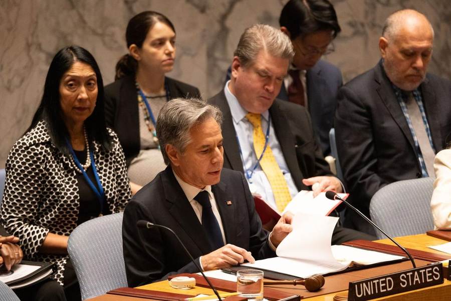 Delegates seated in the horseshoe chamber of the UN Security Council in New York