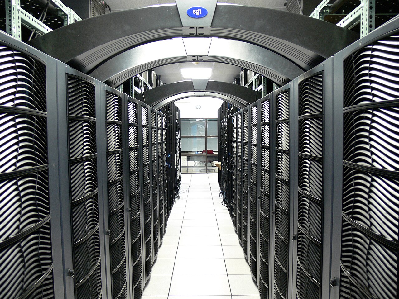 Rows of server racks inside a data centre, Ukrainian drones hit Russia biggest data centre