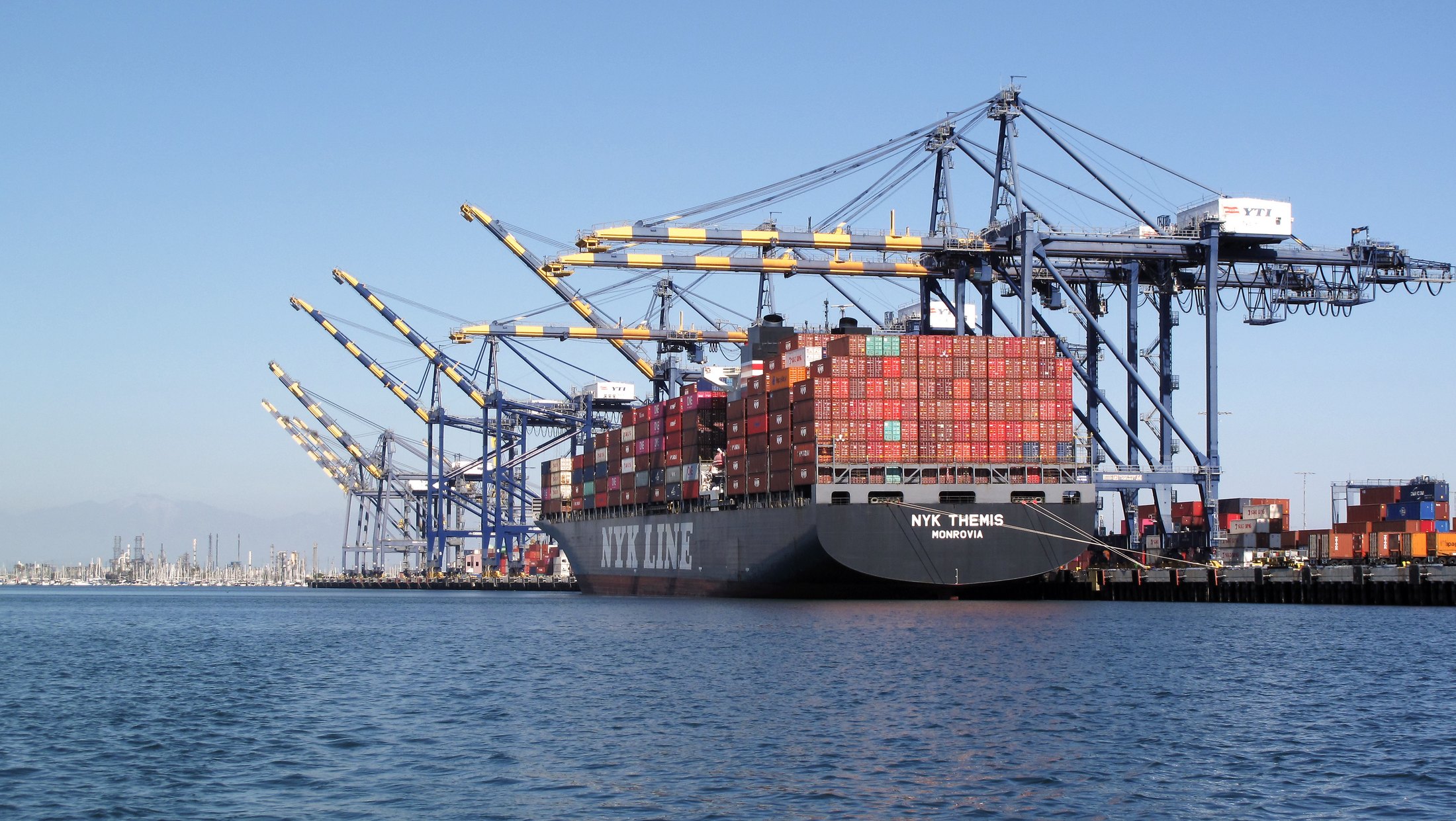 Container ships at a United States port during the US China trade truce extension