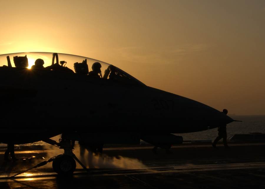 An F-14 Tomcat prepares for launch aboard USS Theodore Roosevelt