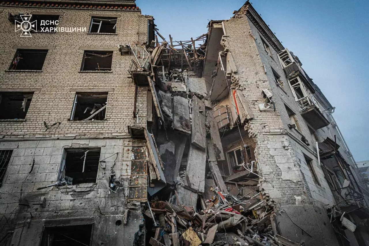 Five-storey Kharkiv residential building damaged in an earlier Russian bomb strike
