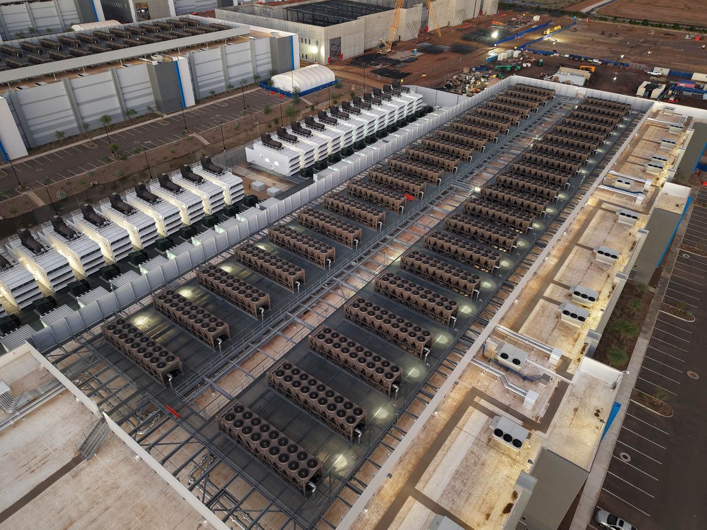 Data center roof with cooling towers — the AI cloud infrastructure behind the Akamai deal