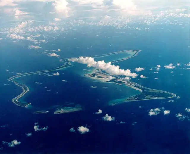 Aerial view of Diego Garcia and its lagoon in the Chagos Archipelago