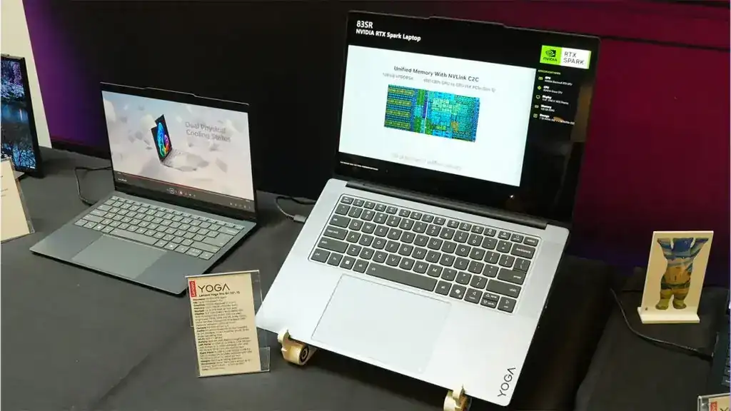 Lenovo Yoga Pro 9n RTX Spark laptop display showing unified memory and NVLink-C2C specifications