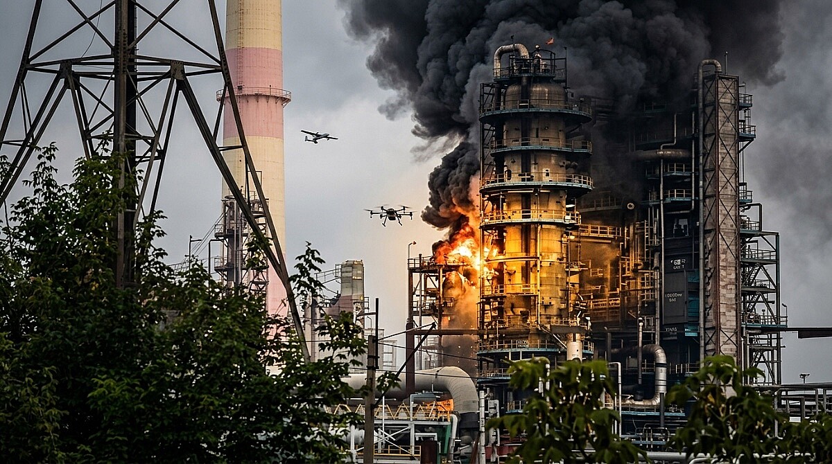 Fire and smoke at refinery equipment during an earlier reported drone strike on Bashneft-UNPZ in Ufa