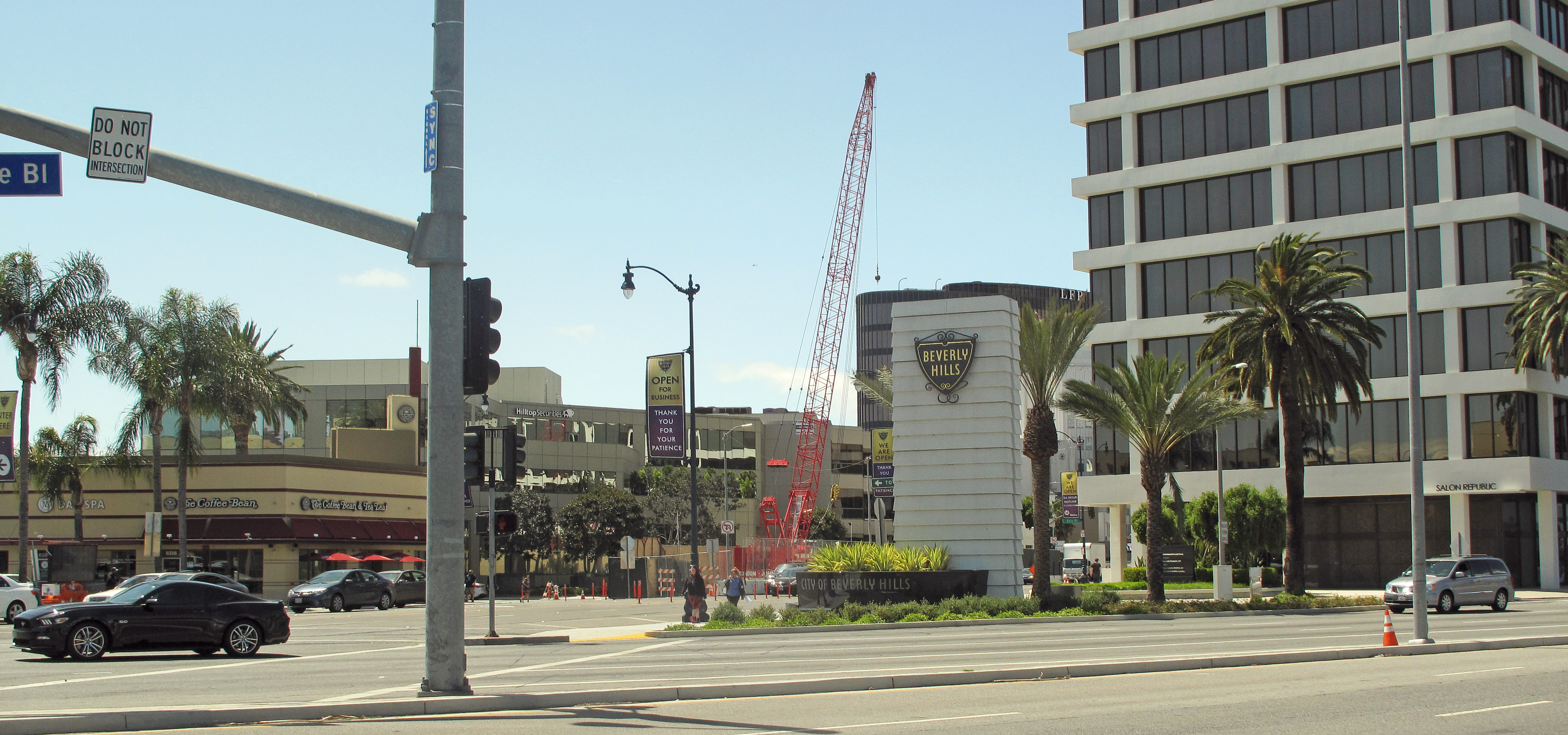 Beverly Hills sign on Wilshire Boulevard, near the mansion searched in the Swalwell FBI investigation