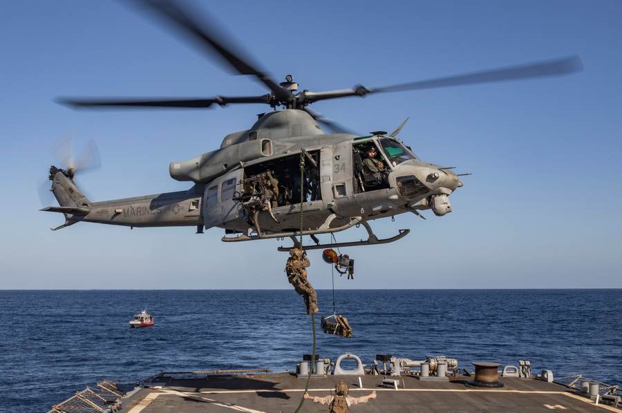 U.S. Marines of the 31st Marine Expeditionary Unit's Maritime Raid Force conduct visit, board, search and seizure training — the kind of boarding mission embarked Marines perform from vessels at sea
