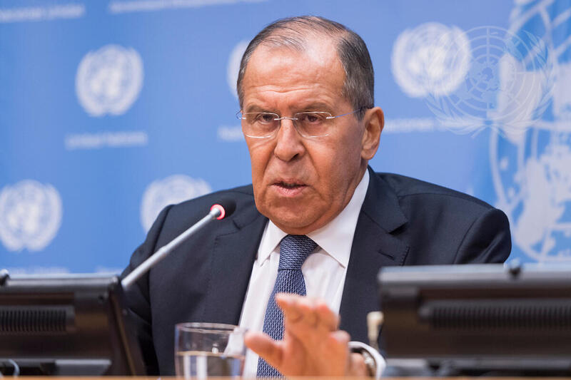 Russian Foreign Minister Sergei Lavrov at a United Nations press conference; on September 26, 2026 he rejected Germany's de-escalation call as Russia daylong drone strikes Ukraine continued