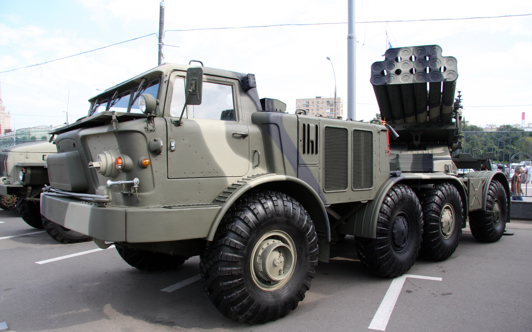 A BM-27 Uragan multiple rocket launcher — one of the systems whose 220mm rockets use Kamensky solid propellant