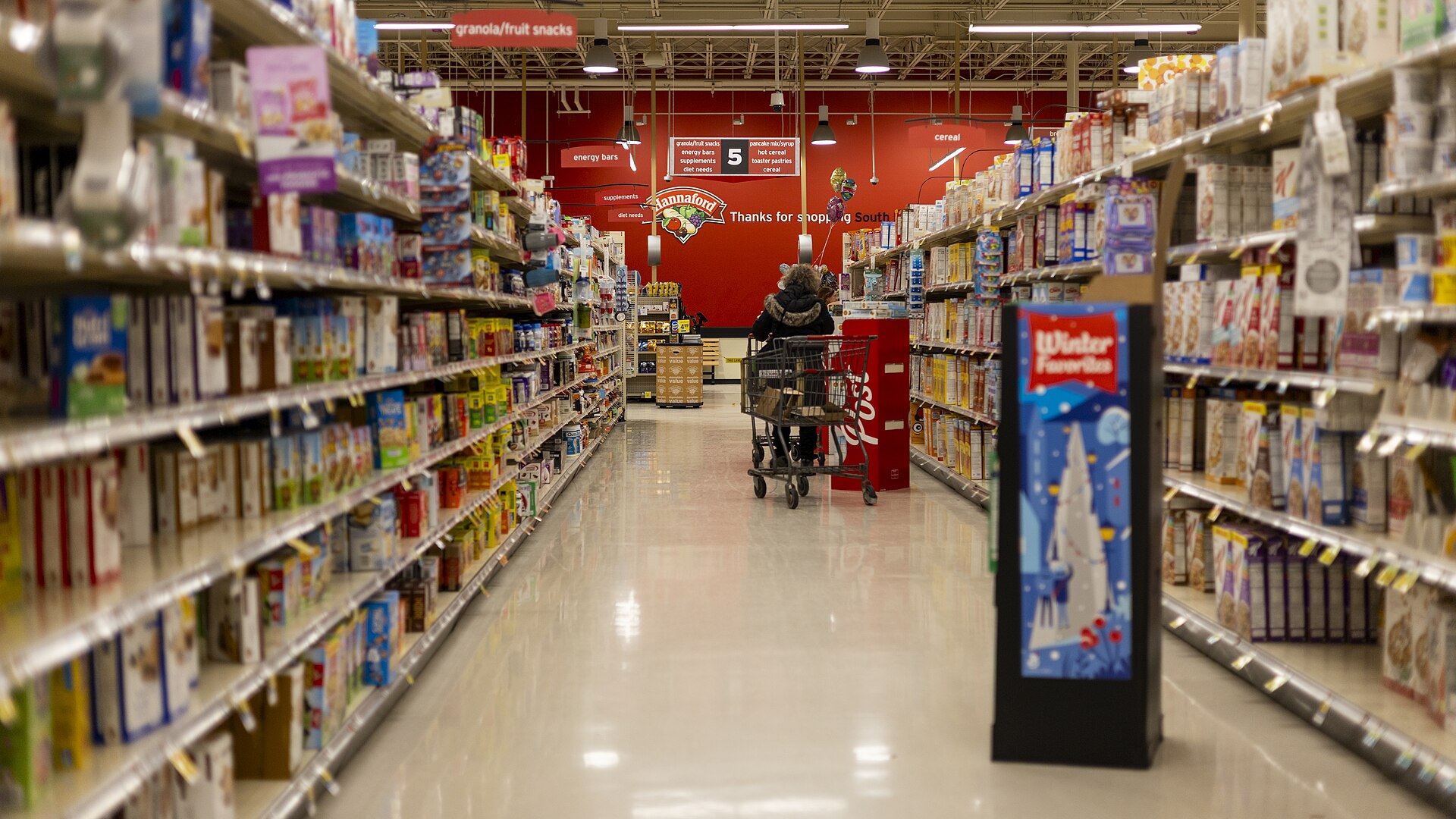 A shopper pushes a cart down a supermarket aisle — consumer spending, more than two-thirds of U.S. GDP, rose at a 3.8% annual rate in the third quarter, a file photograph