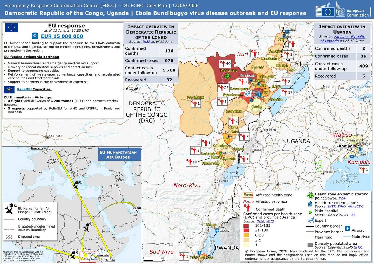 EU emergency response map of the Congo Ebola outbreak 2026 across the Democratic Republic of Congo