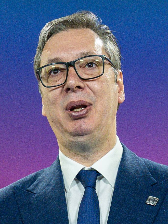 Aleksandar Vucic speaking at the Nuclear Energy Summit in Brussels in 2024; he resigned as Serbia's president on September 27, 2026