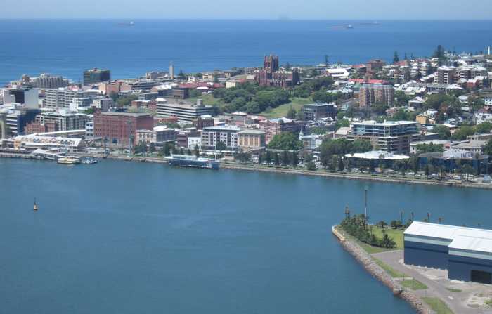 Aerial view of Newcastle, New South Wales, where a car struck Knights fans at Wallsend — Newcastle car hits crowd October 2026