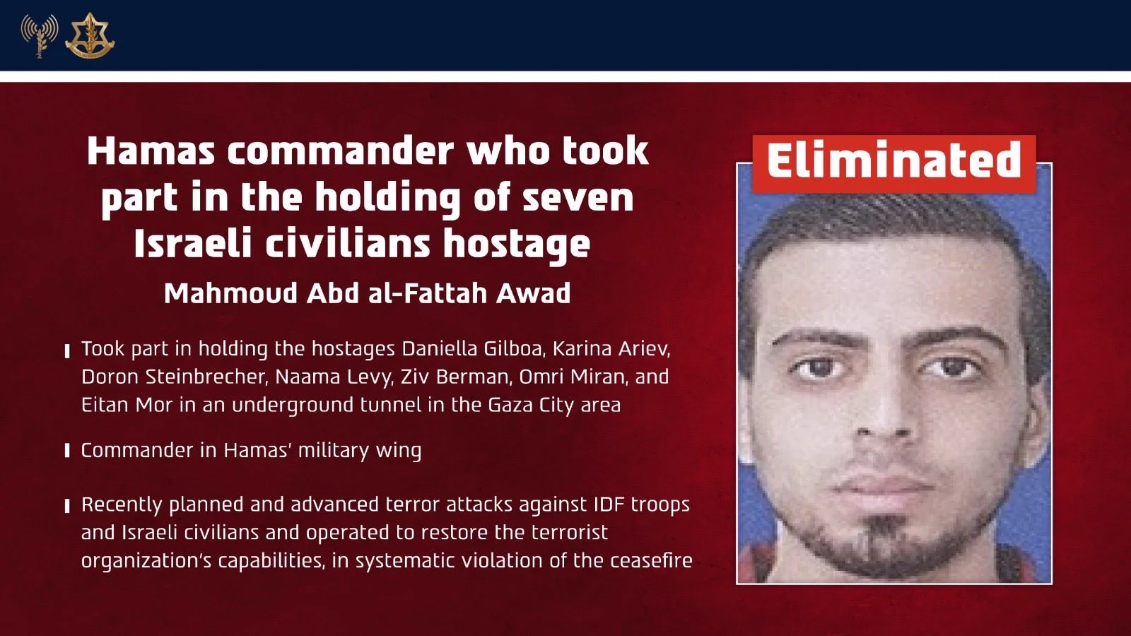IDF-released photo of Hamas commander Mahmoud Abd al-Fattah Awad, killed in a Gaza City airstrike, September 2026