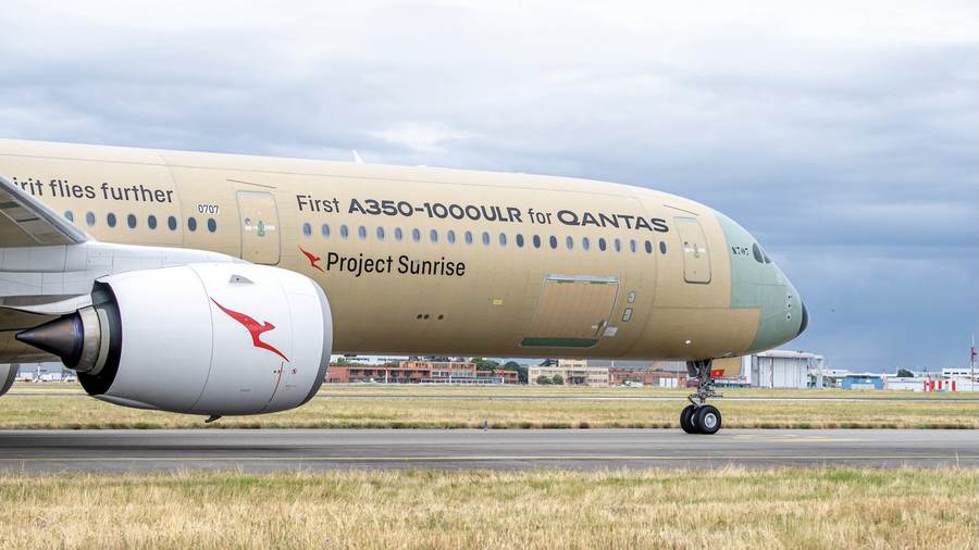 Qantas Airbus A350-1000ULR Project Sunrise test aircraft taxiing in Toulouse