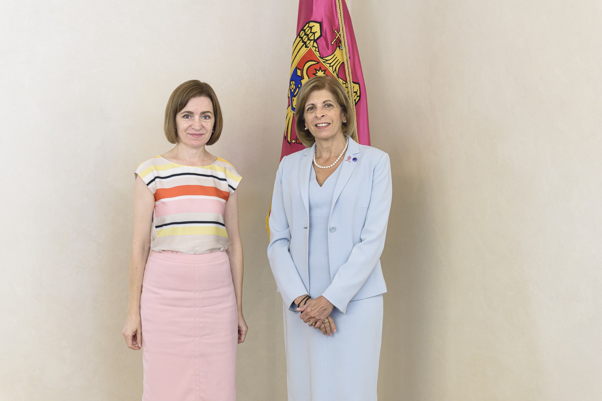 Moldovan President Maia Sandu with European Commissioner Stella Kyriakides in Chisinau in July 2024
