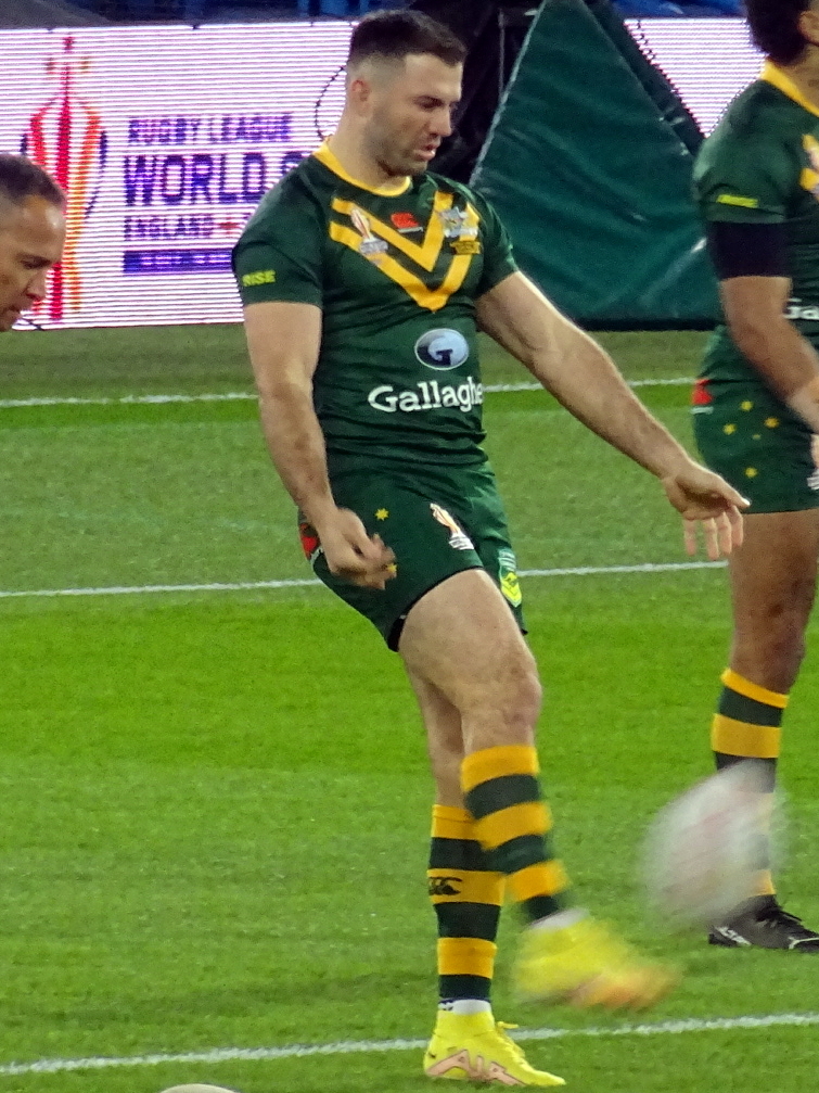 James Tedesco warming up in Kangaroos colours before the Australia vs Fiji Rugby League World Cup match build-up