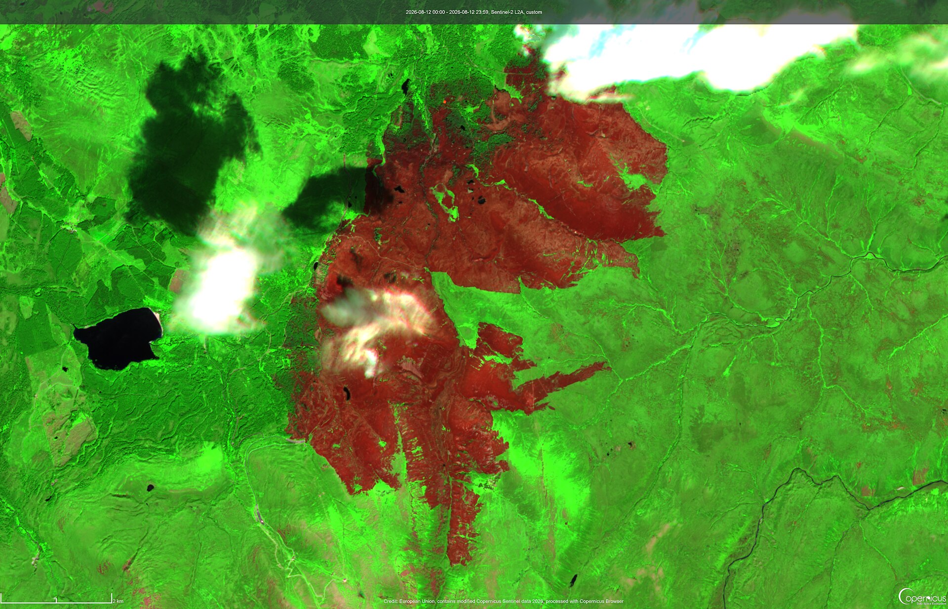 Satellite view of the burn scar left by the 2026 Cairngorms wildfire in Scotland, one of the major incidents of Britain's record fire summer