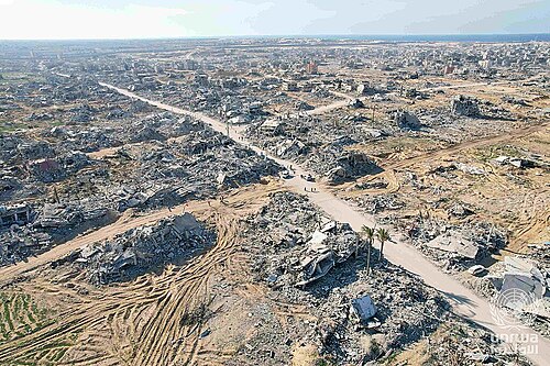 Aerial view of destroyed buildings in Rafah after the Gaza ceasefire took hold