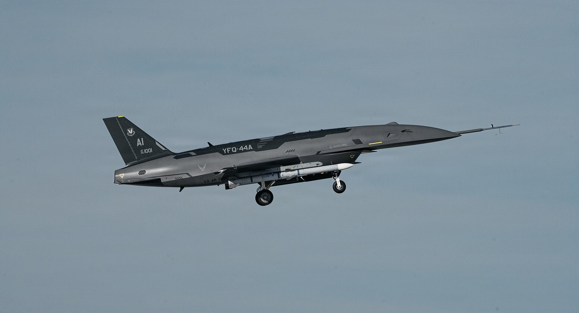 Anduril YFQ-44A Fury Collaborative Combat Aircraft in flight — the drone an F-22 pilot controls for the first time
