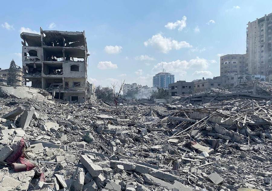 Damage to residential buildings in the Rimal neighborhood of Gaza City after an Israeli airstrike