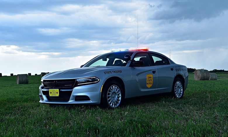 An Iowa State Patrol cruiser; Iowa State Patrol troopers joined the multi-agency response on I-35.