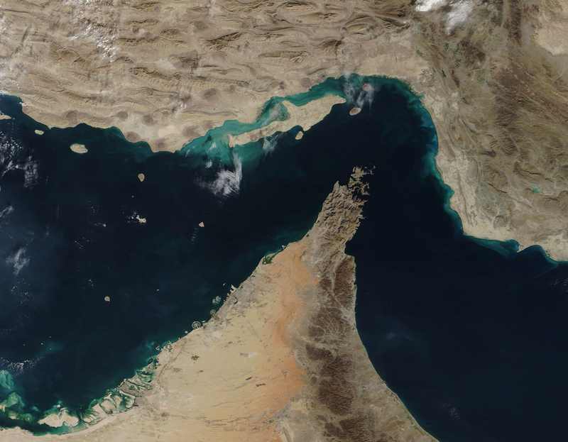 NASA satellite view of the Strait of Hormuz, the oil chokepoint at the center of the US-Iran standoff