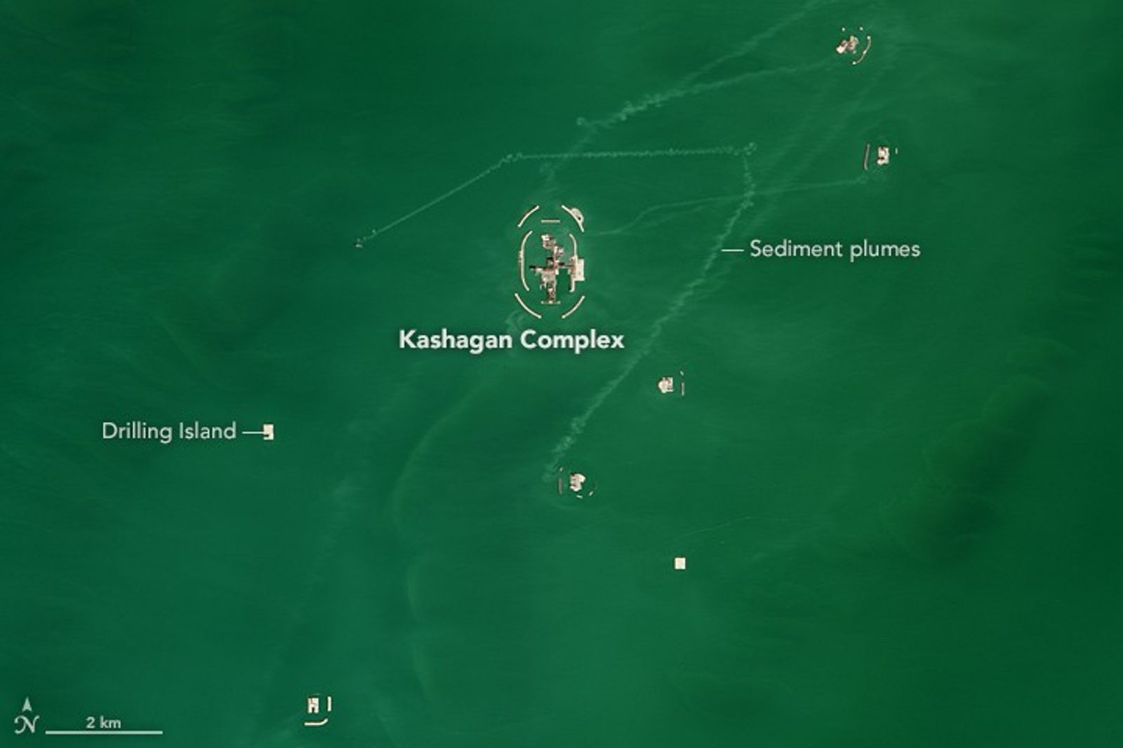 Satellite view of the Kashagan Complex artificial islands in the Caspian Sea, Kazakhstan