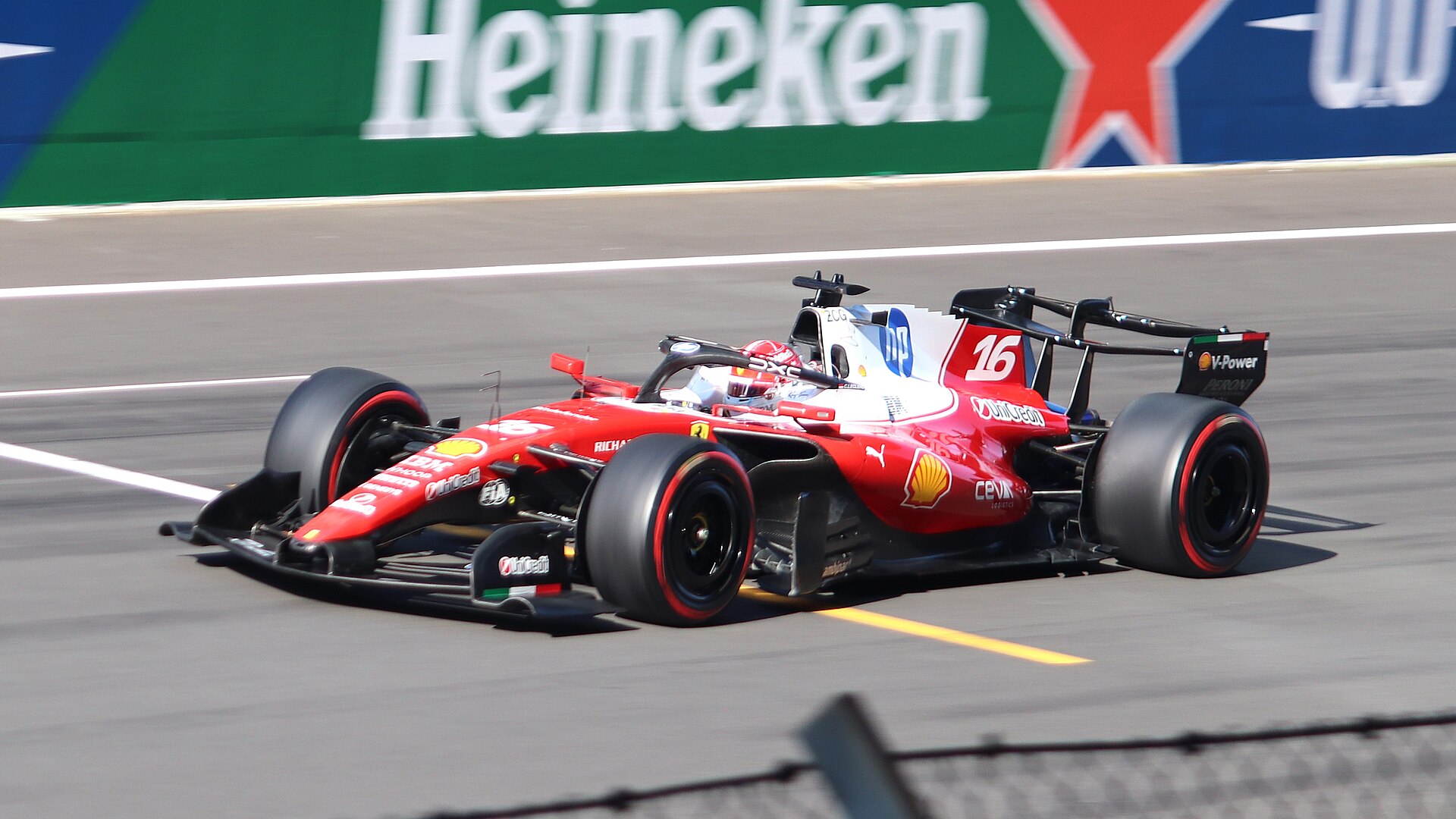 Charles Leclerc in his red Ferrari number 16 during the 2026 season, second place in the US Grand Prix at Austin