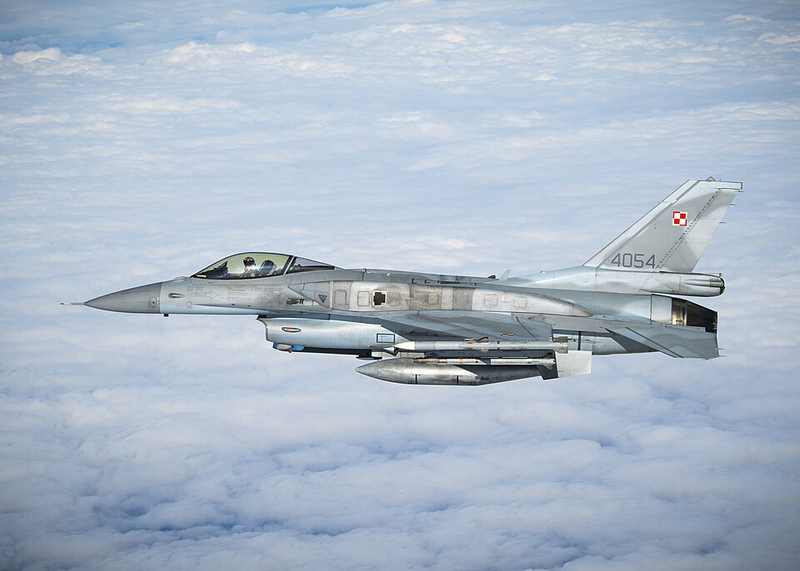 Polish F-16 intercepting a U.S. B-52 during allied training on NATO's eastern flank