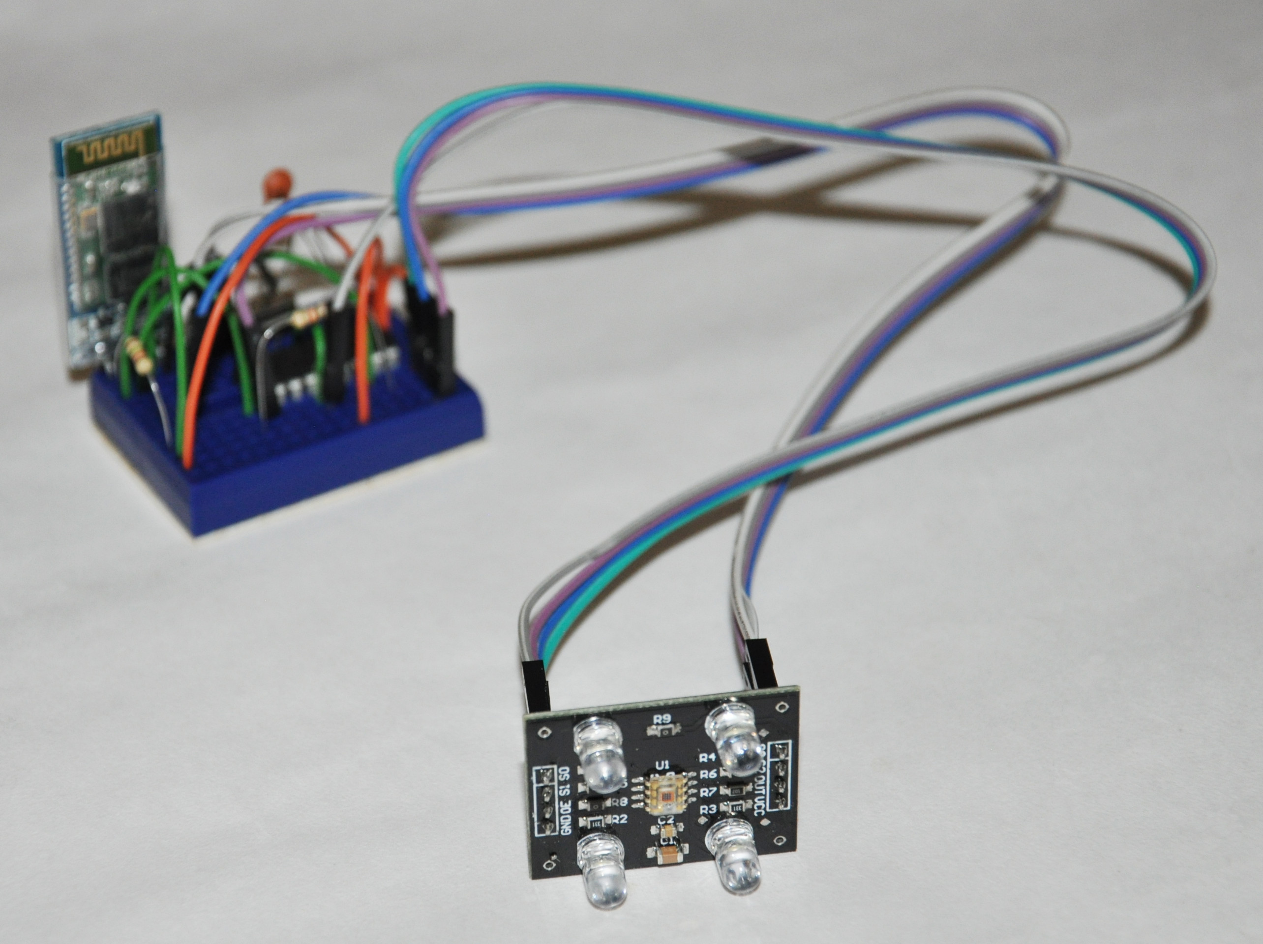 BrainChip AKD1500 SPI neuromorphic chip — TCS230 colour sensor module wired to a breakout board, file photo