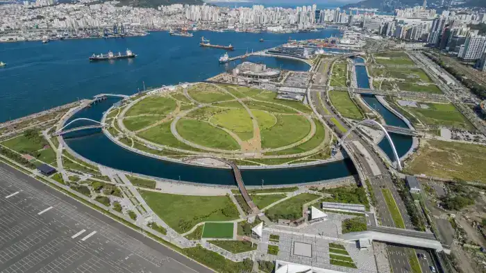 Aerial view of North Port Waterfront Park in Busan, home to the 1.5-kilometer canal where the Bukangi shark has been stranded