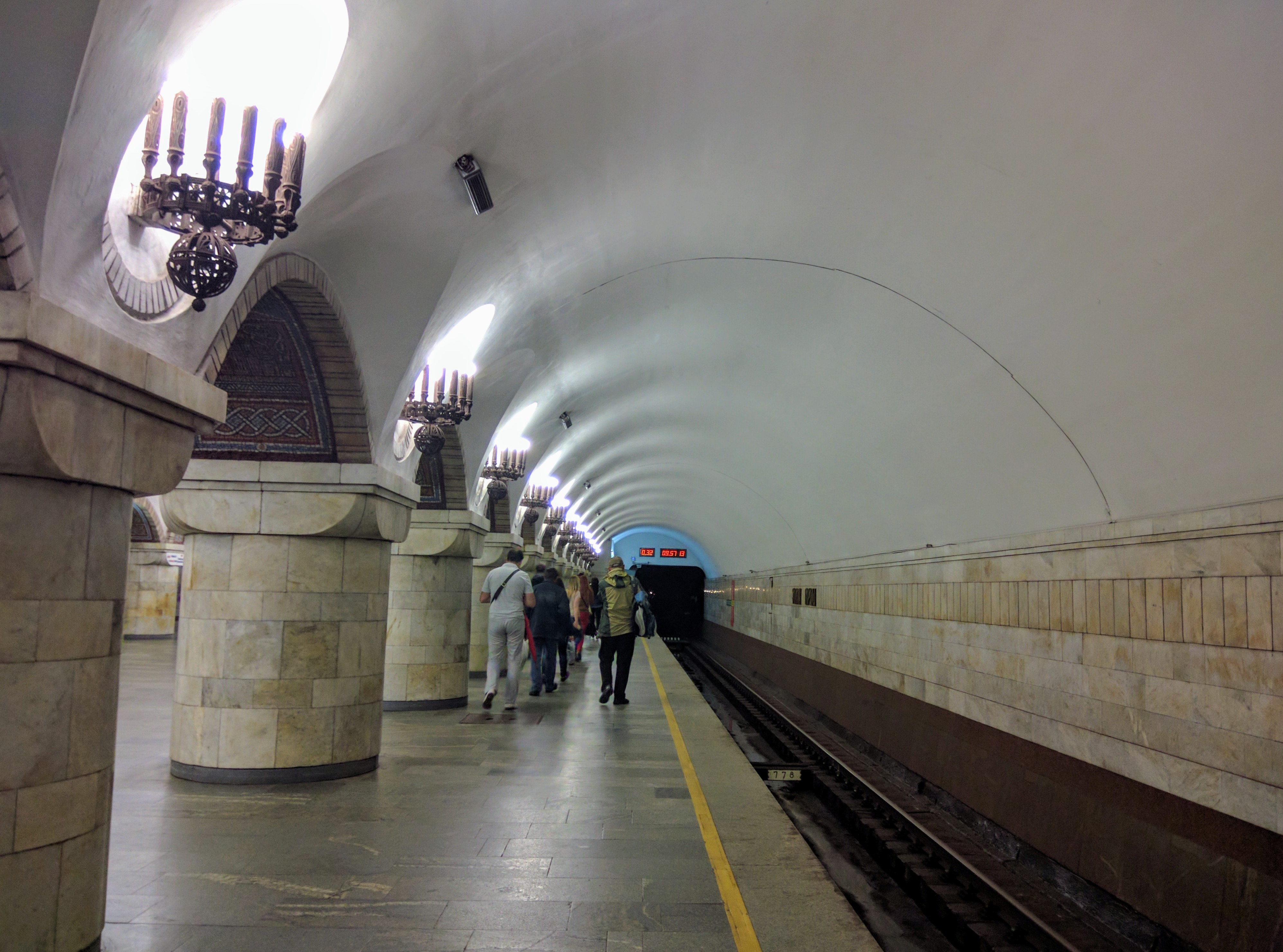 The deep platform hall of Zoloti Vorota metro station in Kyiv, part of the metro network that doubles as the capital's shelter system