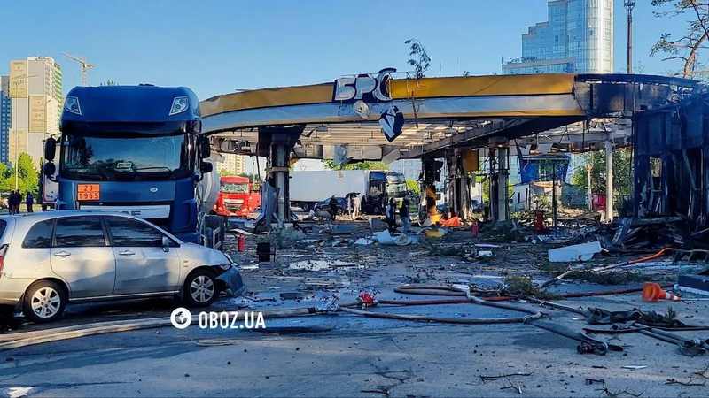Destroyed BRSM-Nafta filling station in Kyiv after a Russian strike as Ukraine fortifies filling stations
