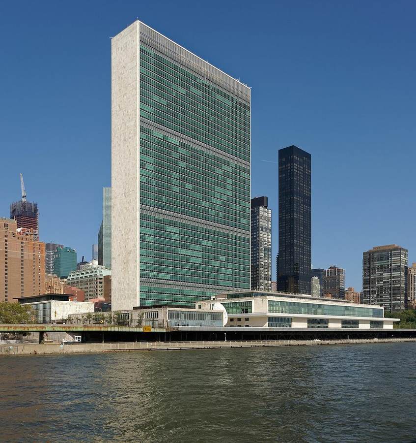The United Nations Headquarters on the East River in New York City, viewed from across the river