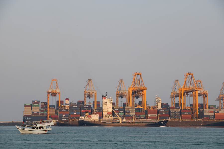 A shipping vessel anchored off Fujairah Port in the UAE, outside the Strait of Hormuz