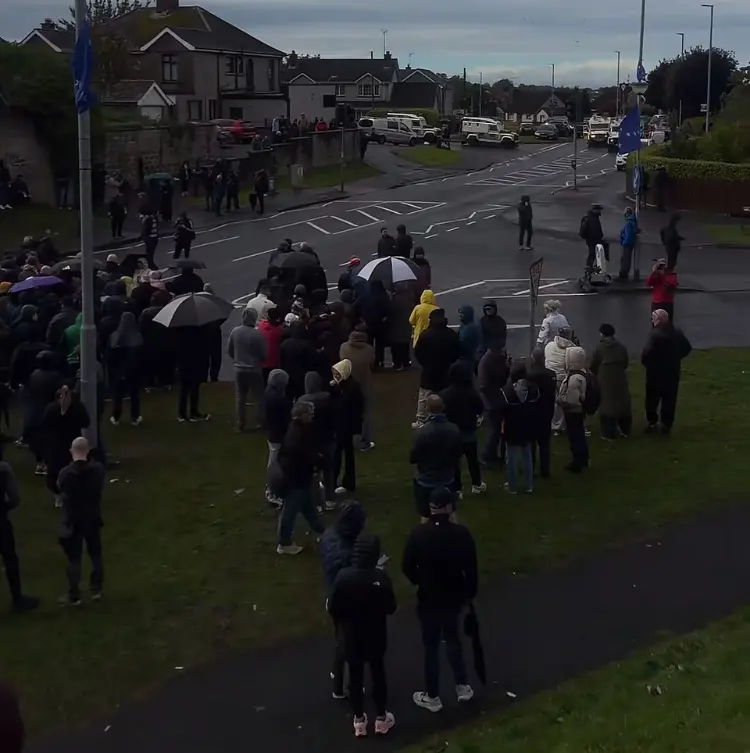 Protesters blocking Garvaghy Road in Portadown, Northern Ireland, on September 27, 2026, during the Orange Order parade standoff