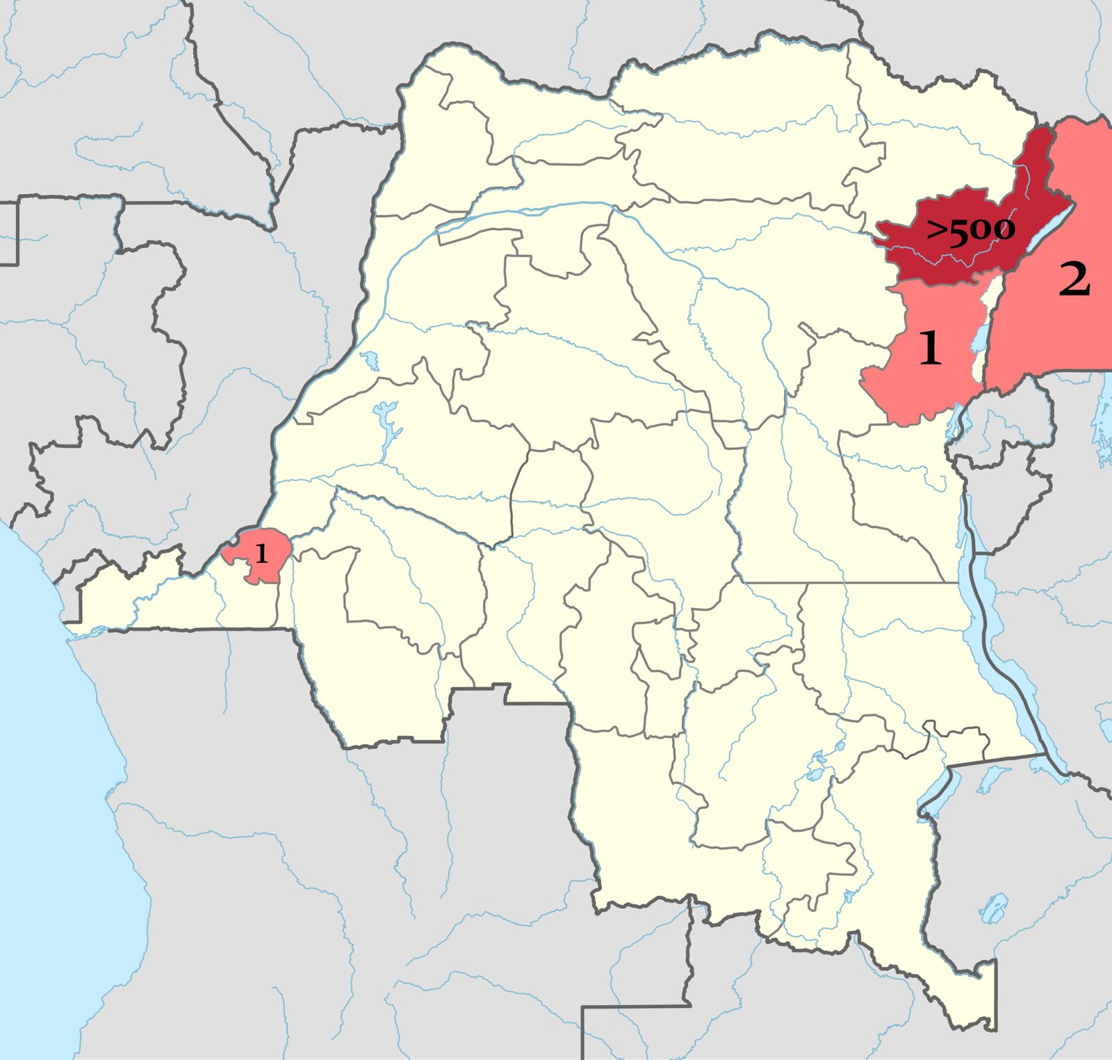 Map of DR Congo highlighting Ituri province in the northeast, where the Bundibugyo Ebola outbreak was declared in May 2026 and where more than 500 cases had been recorded